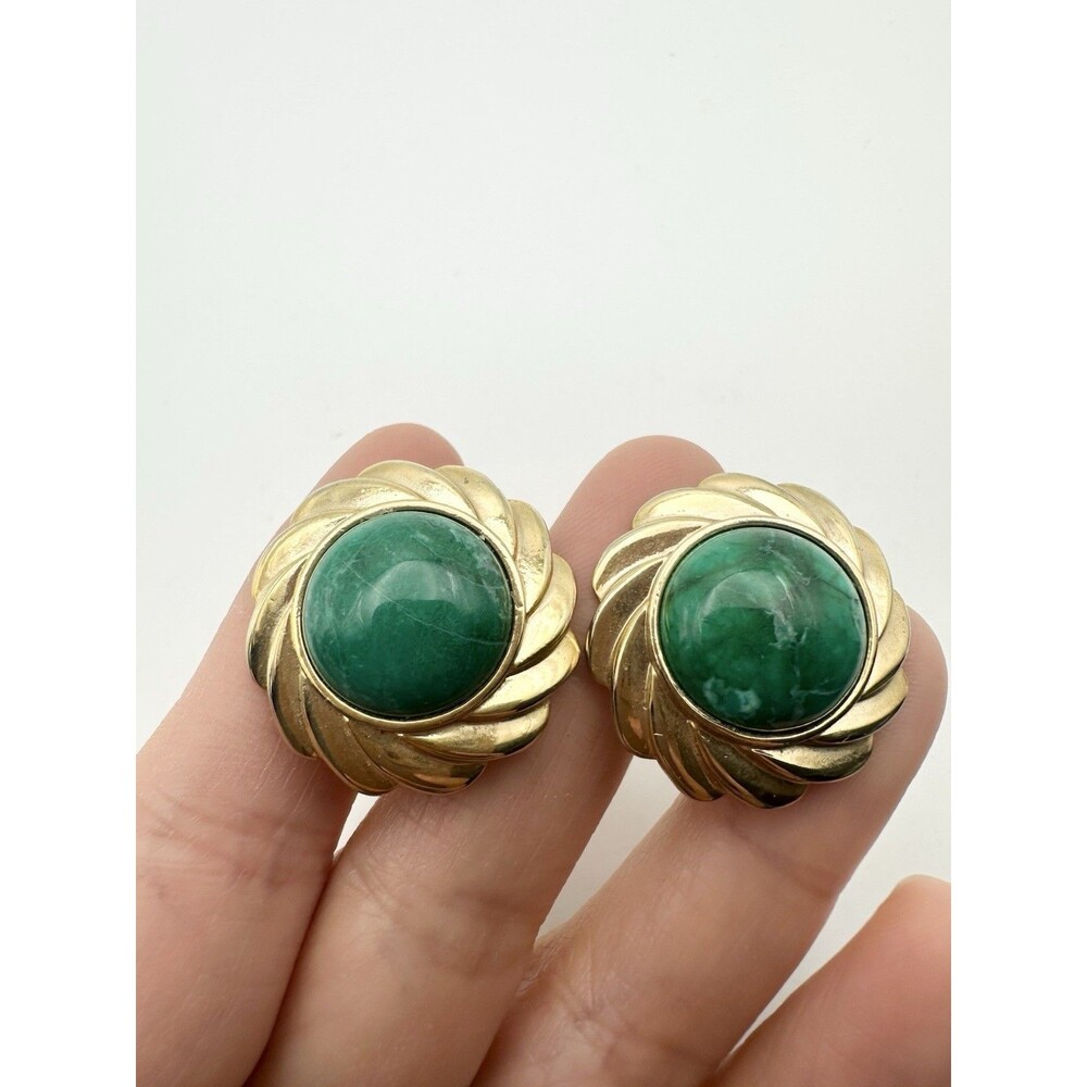 Gold Tone Green Faux Stone Vintage Clip On Earrings